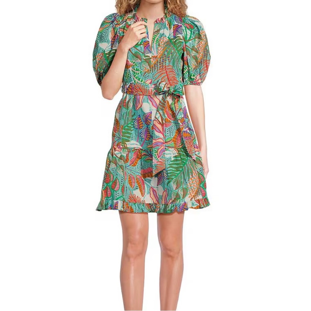 Vince Camuto Tropical V Neck Puff Sleeve Mini Dress. Size 4